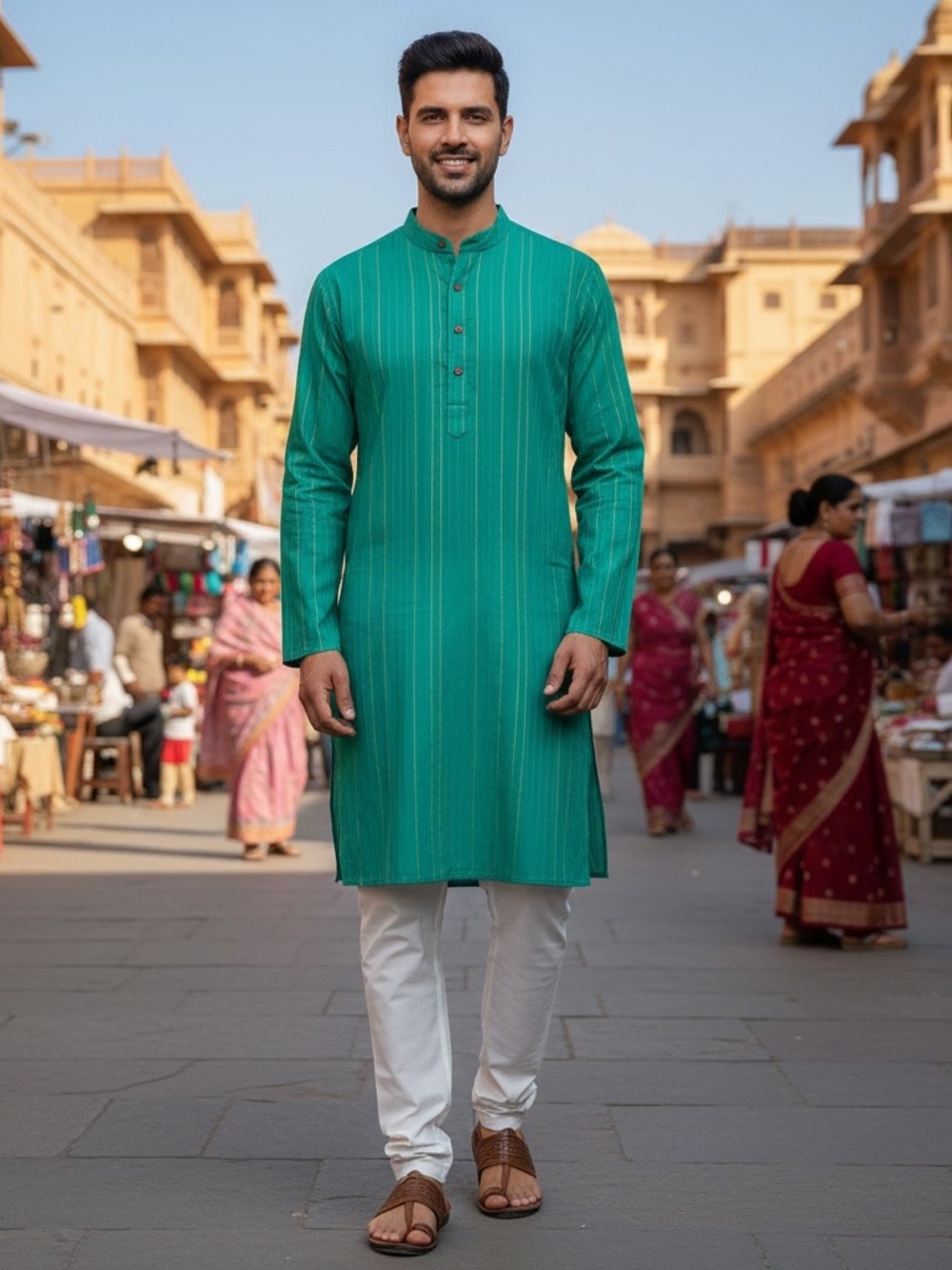 • FabIndia • Men's Teal Green Kurta with Subtle Stripe Detail 38 / Medium